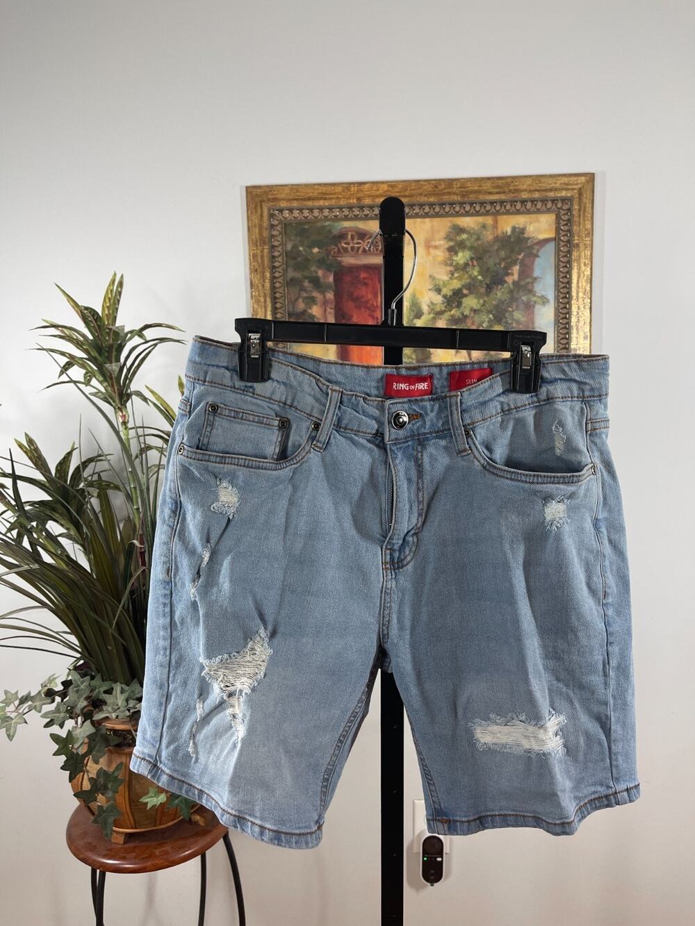 Ring of Fire Denim Shorts Men's Size 33 Blue Distressed Streetwear Grunge Y2K